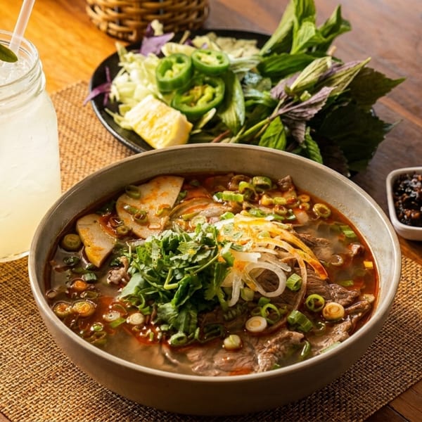 A bowl of Royal Pho & Boba's spicy beef noodle soup with a side of fresh herbs and a lemonade.
